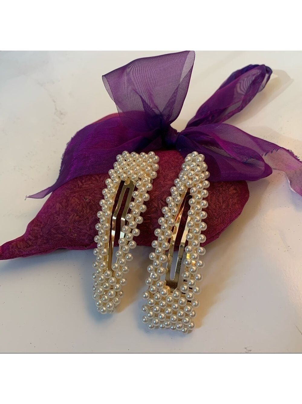 Ivory Pearl Embellished Clip On Barrettes Pair Glam Prom Wedding Dressy Dance - Picture 5 of 10